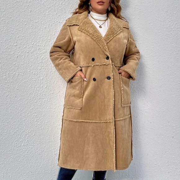 Reg or Plus Size camel Double Breasted Teddy lined faux suede Coat Jacket fall - Picture 7 of 11